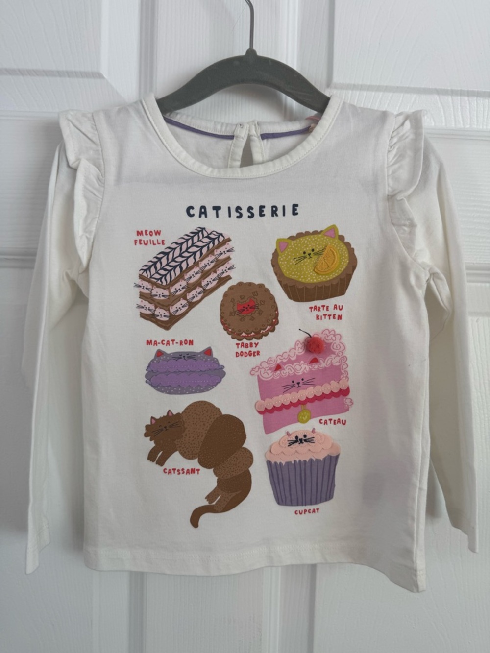Mini Boden White 'Catisserie' Long-Sleeve Graphic Tee with Colorful Pastry Cats